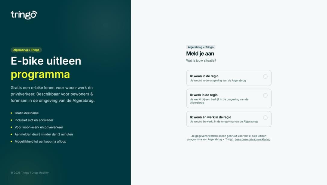Aanmeldpagina voor het Tringo e-bike uitleenprogramma