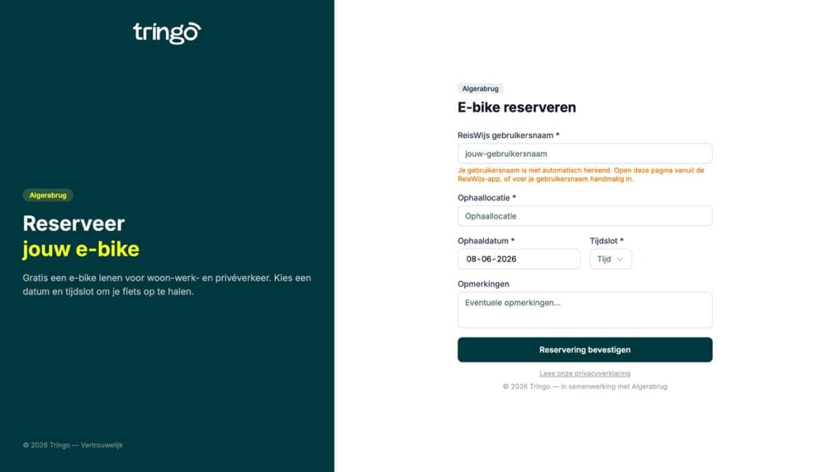 Reserveringspagina voor een Tringo e-bike