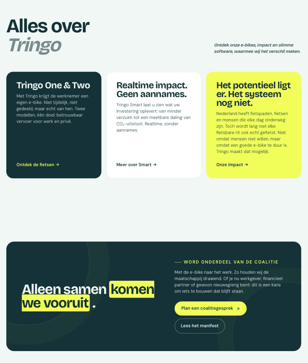 Overzichtssectie van de Tringo website