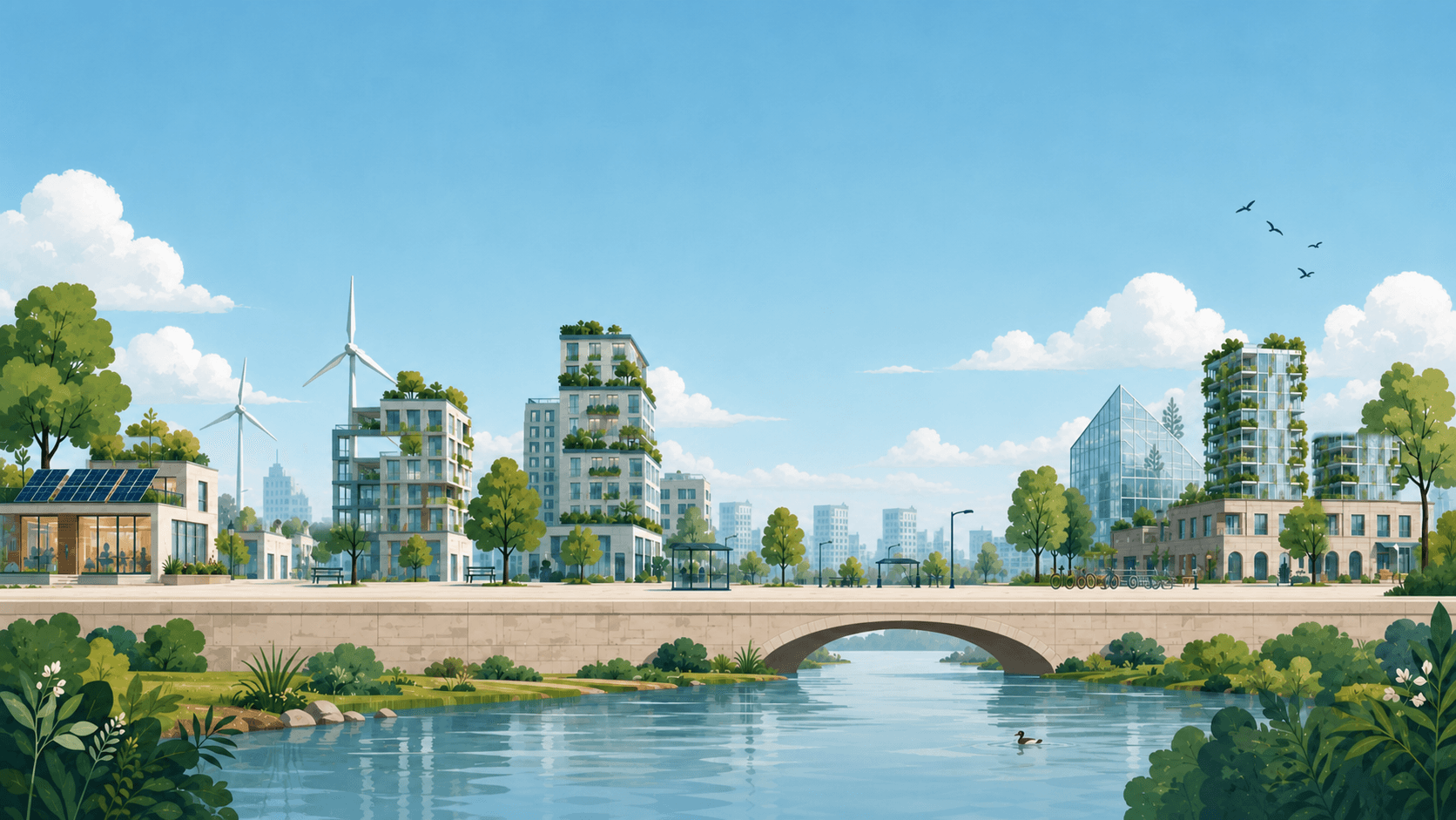Duurzame stad langs een rivier als achtergrond van de interactieve stage-route.